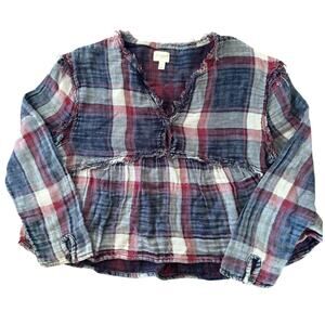 Love, Fire Plaid Long Sleeve Shirt Red Blue Crop V Neck Size Large